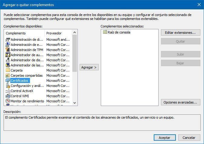 Marca la opción de certificados y haz clic en Agregar