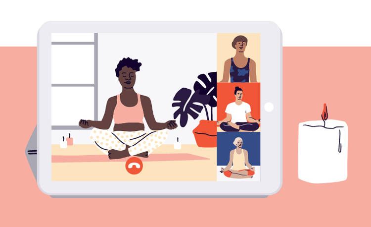 Pasos para Organizar un Evento Online de Éxito 4 Dibuje de una tablet donde una mujer hace un evento online sobre yoga