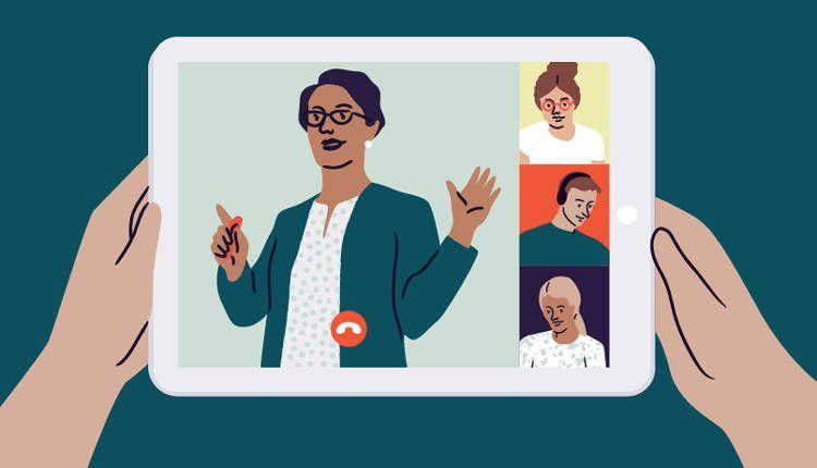 Pasos para Organizar un Evento Online de Éxito 3 Dibujo de unas manos sujetando una tablet para acceder a un evento online