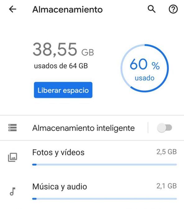 Porcentaje de Almacenamiento Porcentaje de almacenamiento de un móvil Android ante de borrar la caché