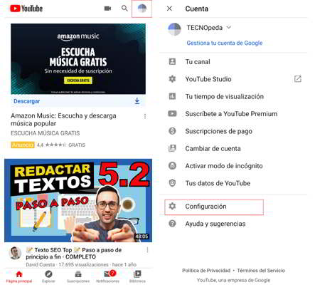 Configuración Configuración de tu cuenta para detener la reproducción de vídeos en Youtube