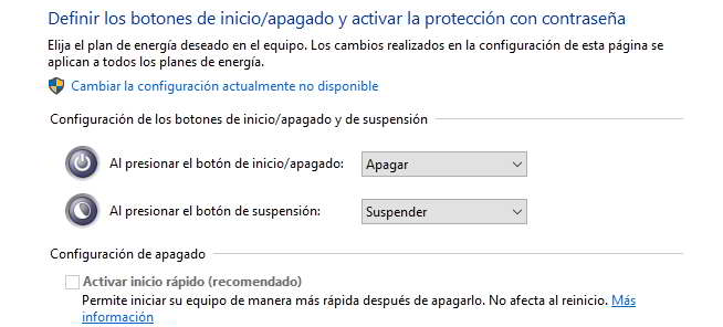 Desactivar inicio rápido Cambiar la configuración del botón de inicio/apagado en Windows 10 al instalar un disco duro SSD