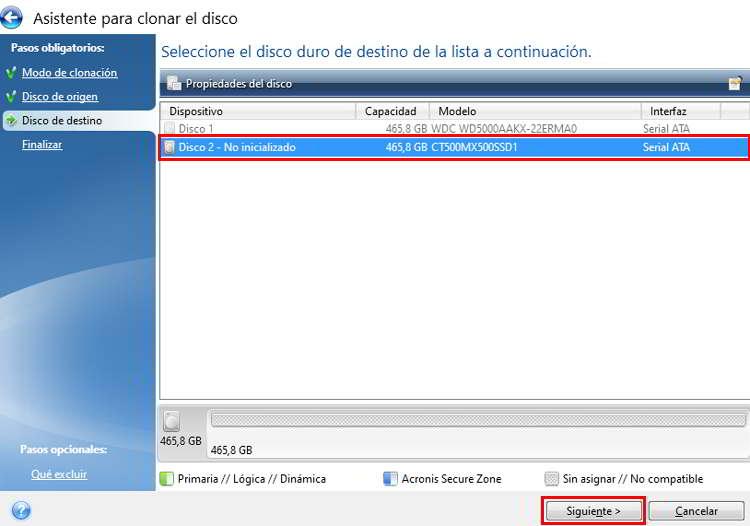Disco Destino Seleccionar el disco de destino donde se clonará el HDD