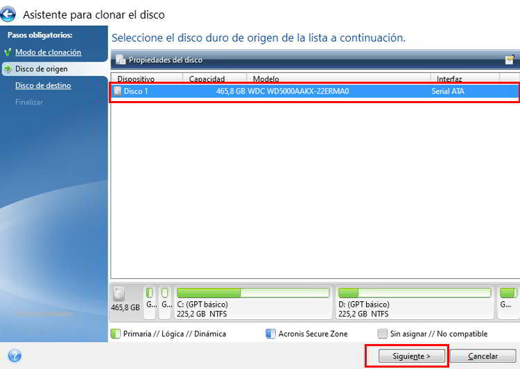 Disco Origen Seleccionar el disco de origen para la clonación de un disco duro SSD