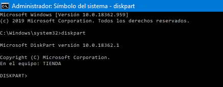 diskpart Escribe diskpart en la consola para abrir la herramienta de Windows