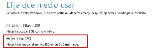 Elegir que medio usar para descargar Windows 10