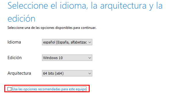 Idioma, arquitectura e instalación de Windows 10