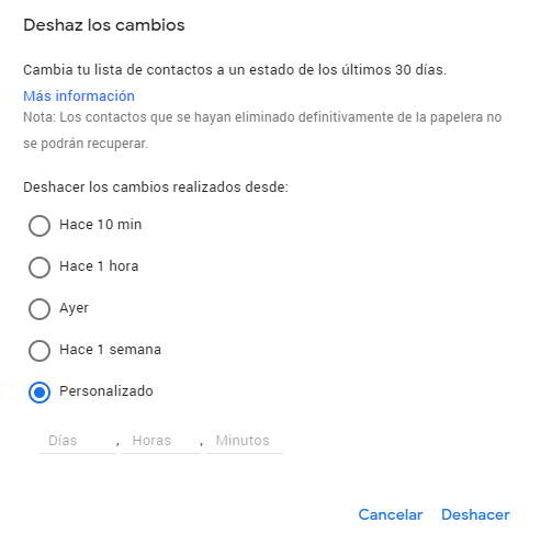 Deshacer cambios para recuperar los contactos borrados en Google