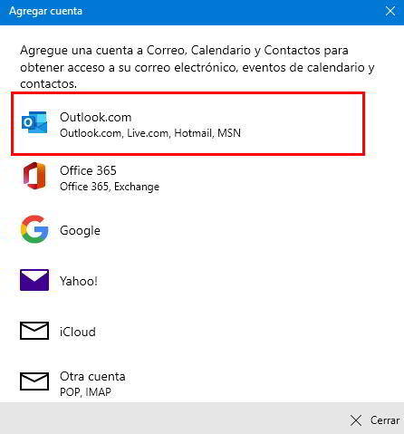 Seleccionar del desplegable el tipo de cuenta para añadir a Windows 10