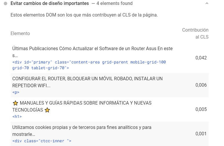 Elementos DOM que contribuyen al Avoid Large Layout Shifts de una web