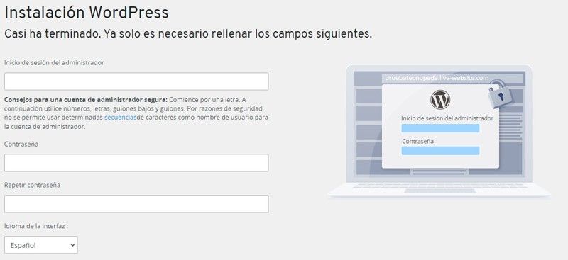 completar la instalación de la web en wordpress en ionos