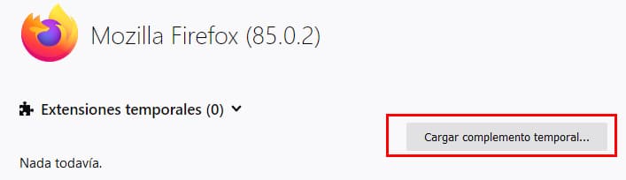 cargar complemento temporal en firefox