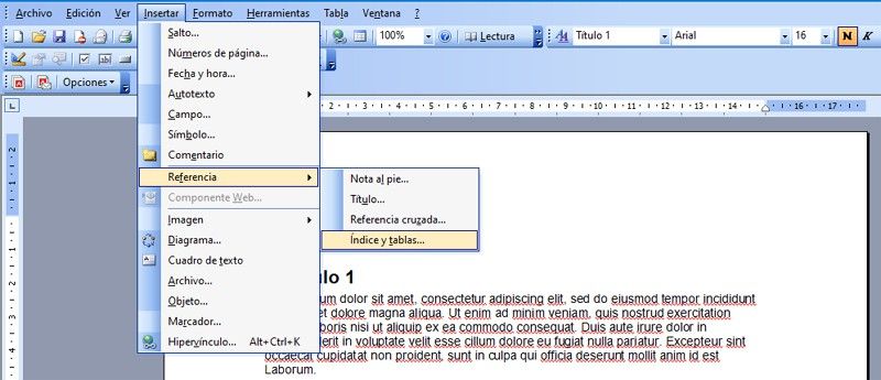 referencia de índice y tablas en word
