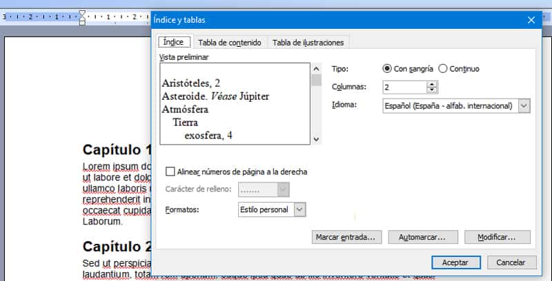 índices y tablas en Word