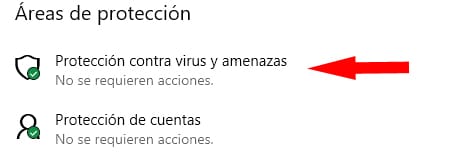 protección contra virus y amenazas de WIndows Defender