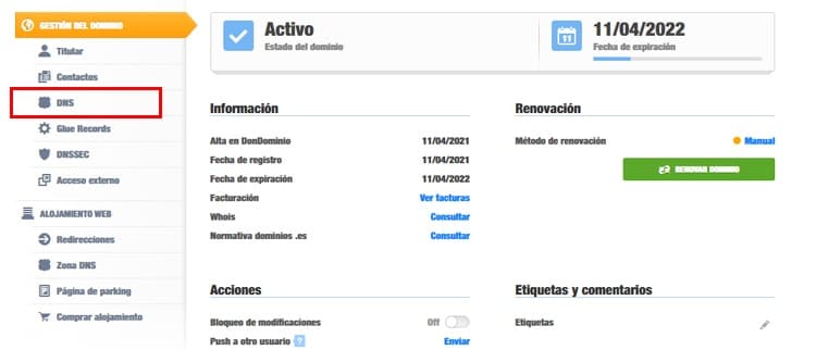 editar los dns para apuntar un domino a una web