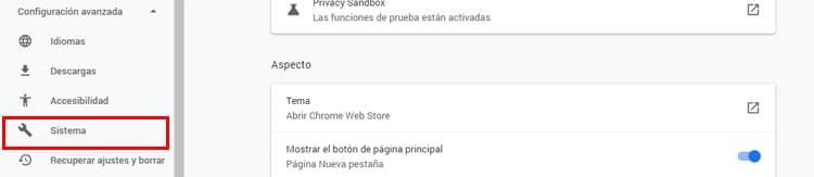 configuración avanzada del sistema en chrome
