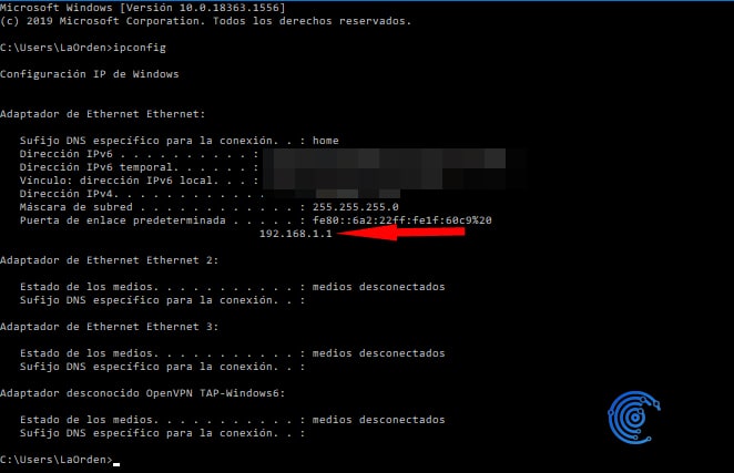 encontrar la dirección ip del router con la consola de comandos
