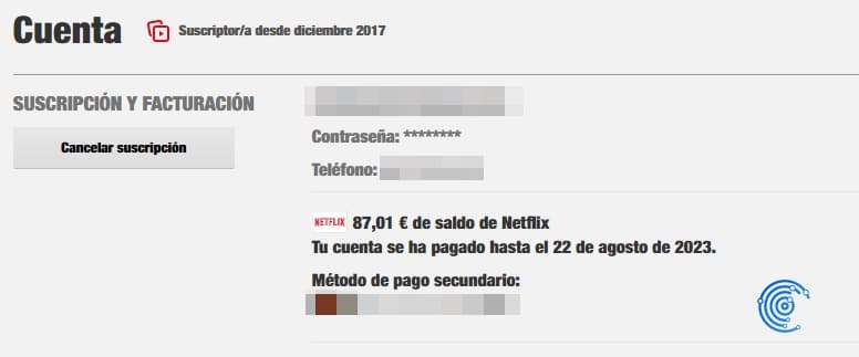 Datos de facturación y suscripción de Netflix