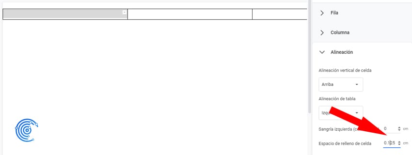 Añadir margen interno a la tabla en google docs