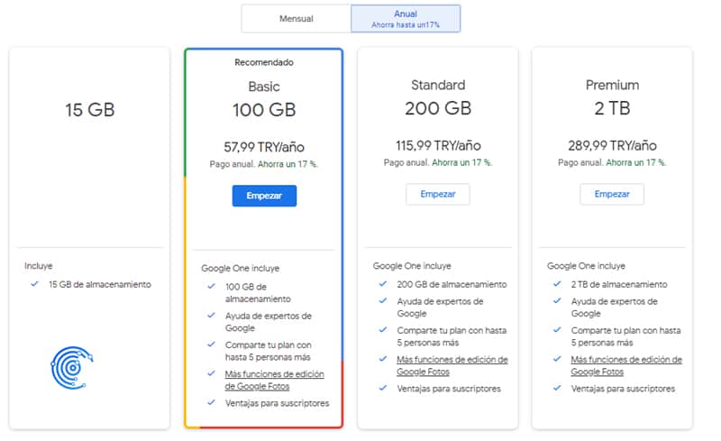 Planes en Google One Turquía