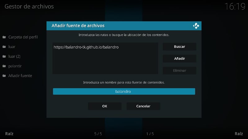 Añadir fuente del complemento Balandro en Kodi