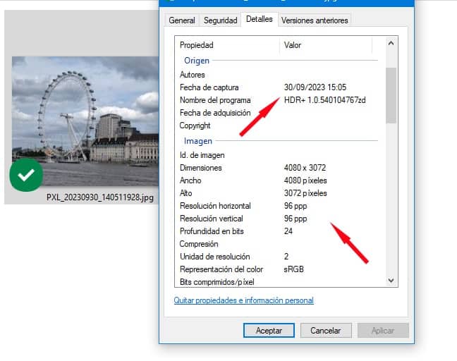 Metadatos de una fotografía consultados en Windows