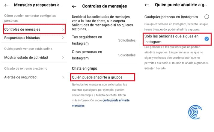 configuración para evitar que te añadan a grupos en instagram