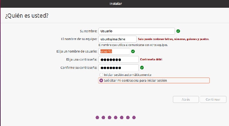 Establecer un nombre de usuario y una contraseña al instalar Linux junto a Windows
