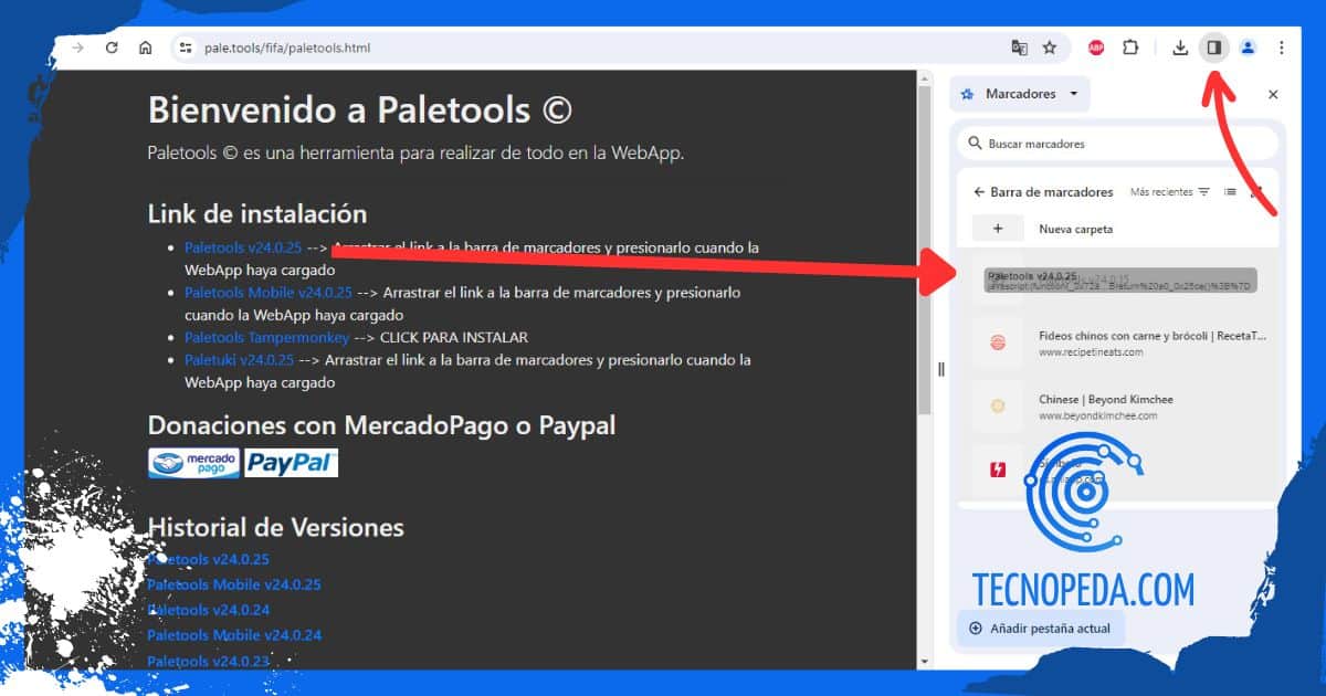 Arrastrar el link de Paletools hasta la barra de marcadores