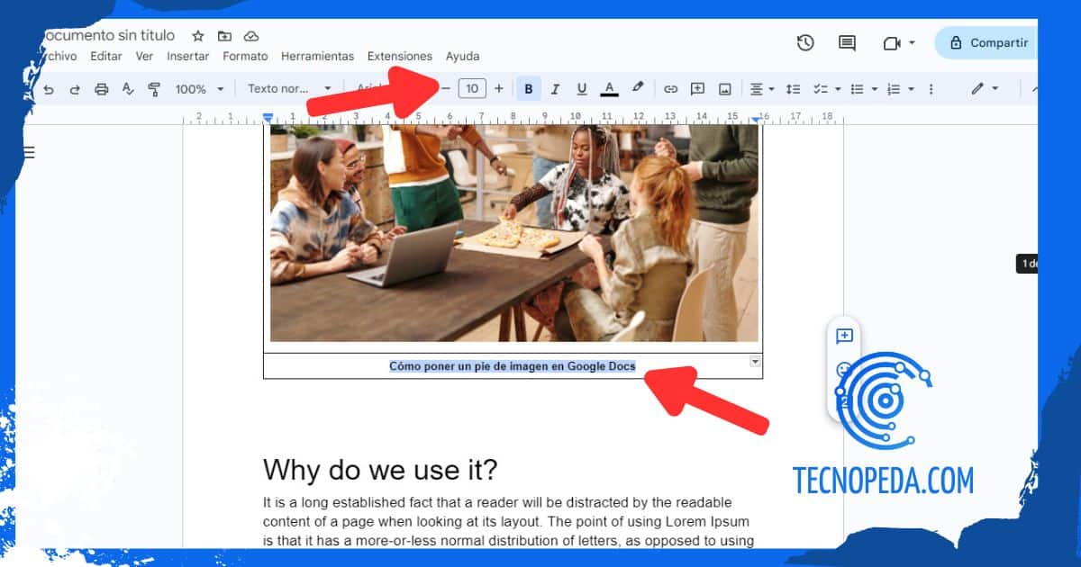 Dar formato al poner un pie de imagen en Google Docs