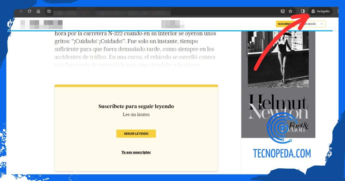 Artículo de pago en periódico online en un navegador en modo incognito