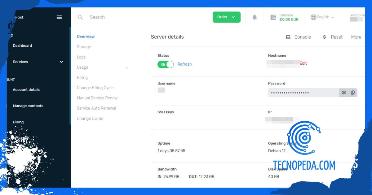 Panel de control de servidor VPS