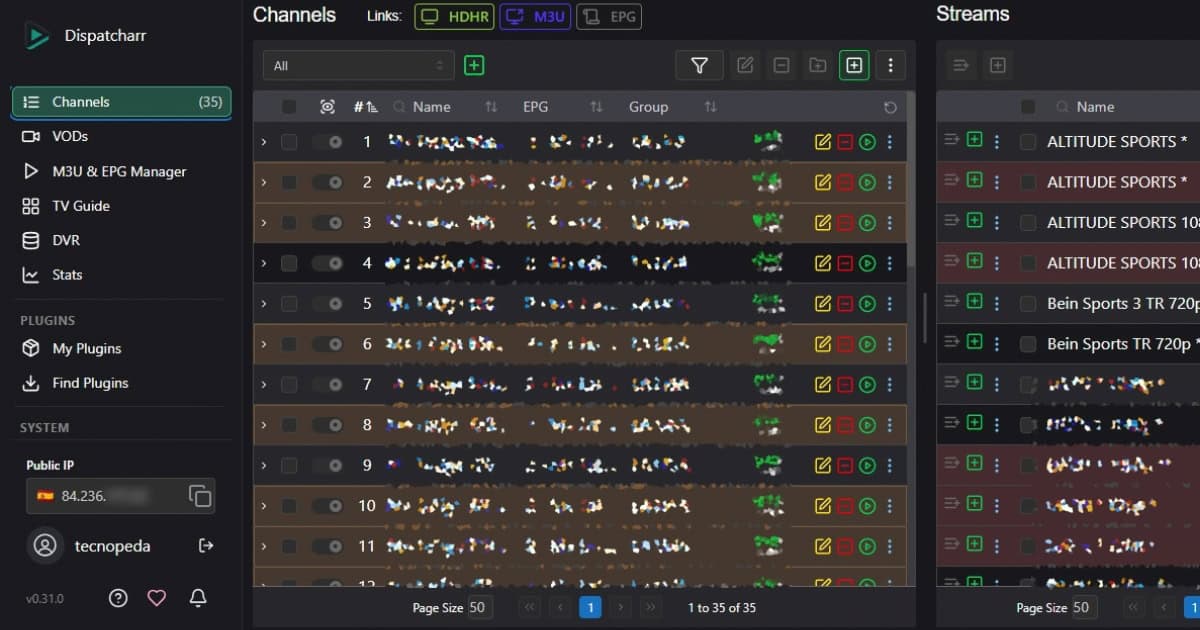 Interfaz de dispatcharr utilizado en un NAS para ver fútbol gratis